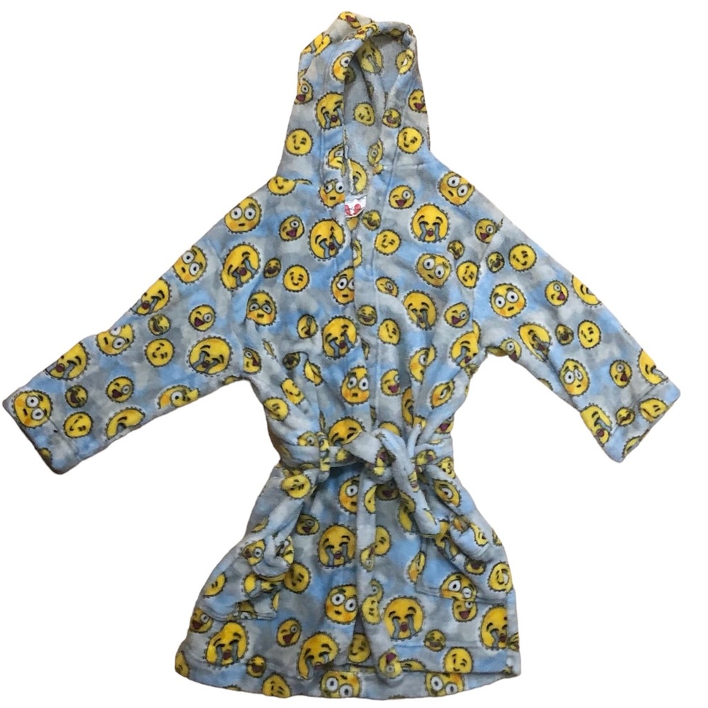 Heartbreaker light blue and yellow emoji face fleece bathrobe, size 8/10